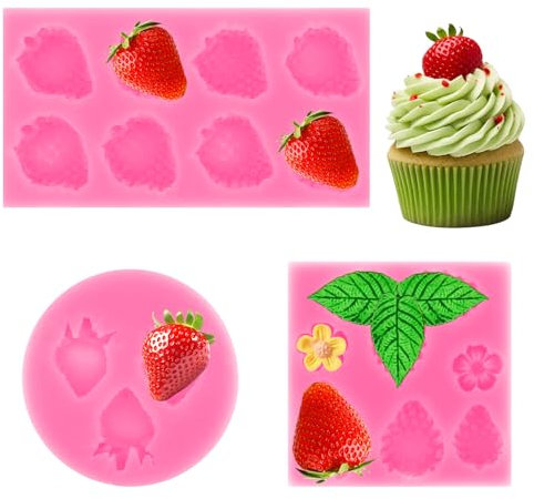 3 moldes de silicona para hornear fresas y flores, molde de fresa 3D para dulces, fondant y chocolate