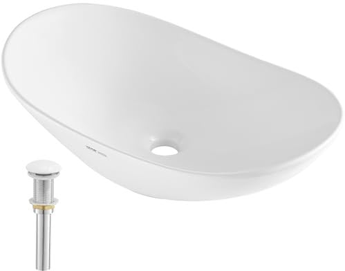 VEVOR Lavabo ovale, 592 x 361 mm, vasque à poser en céramique blanche au-dessus du comptoir, évier de style moderne, lumineux et élégant, bien emballé pour salle de bain, hôtel, toilettes, camping-car