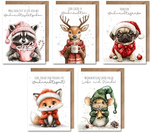5er Set Weihnachten Karte mit Umschlag - Frohe Weihnachten klassischer Weihnachtskartenset Christmas Heiligabend Adventszeit Fuchs Mops Waschbär Rudolf Maus Tier KakaoWeihnachtsgruß (DIN A6)