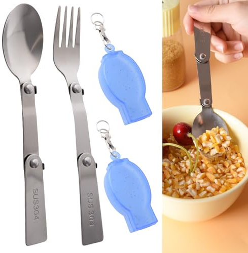 2Pcs Folding Spoon Foldable Stainless Steel Spoons Portable Camping Cutlery Multi-Functional Foldable Fruit Forks Tableware for Outdoors Picnic Thermos Travel