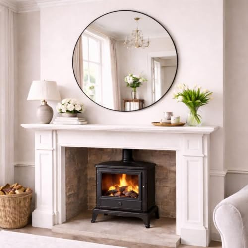 Jobu | Black – 120cm Round Wall Mirror – Large Matte Black Metal Frame Circle Mirror for Bathroom, Bedroom, Hallway or Living Room – Modern Decorative Wall-Mounted | Rei
