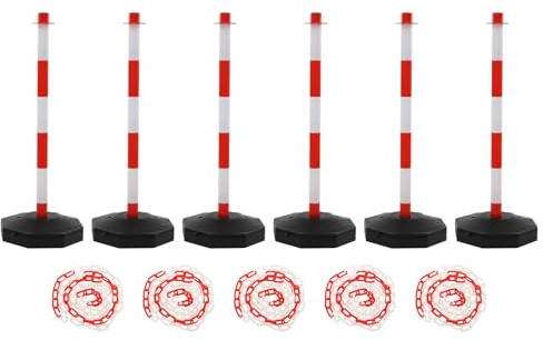 6 st trafikkoner trafikstoppar, kedjestolpar, 85 cm hög varningskonar trafikledstång med kedja och påfyllningsbar botten, röd och vit ledstolpe vägspärrstolpar