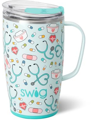 Swig Life 18oz Travel Mug, Insulated Tumbler with Handle and Lid, Cup Holder Friendly, Dishwasher Safe, Stainless Steel, Travel Coffee Cup, Nurse Gifts for Women (Scrub Life)