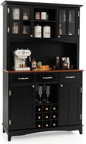 COSTWAY Buffet de Cuisine 185cm Armoire de Cuisine avec 3 Tiroirs et 4 Armoires de Porte, Support Micro-Ondes Placard de Cuisine, Rangement, 3 Compartiments Ouverts, 9 Casiers à Vin (Noir)