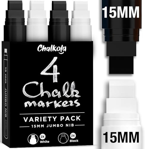Chalkola Kreidestifte für Fenster (15 mm Jumbo, 4 Pack Kreidestift in Weiß, Schwarz, Gold und Silber | Tafelkreide, Glasstifte, Auto - Fenstermalstifte | Fensterstifte Abwaschbar | Kreidestifte bunt