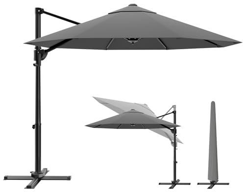 Devoko Ombrellone da Giardino Grande 330 cm, Ombrellone da Spiaggia e Giardino con Struttura Rinforzata, Manovella a 360°, Copertura Antivento 7x, Protezione UV 30+, Grigio Scuro