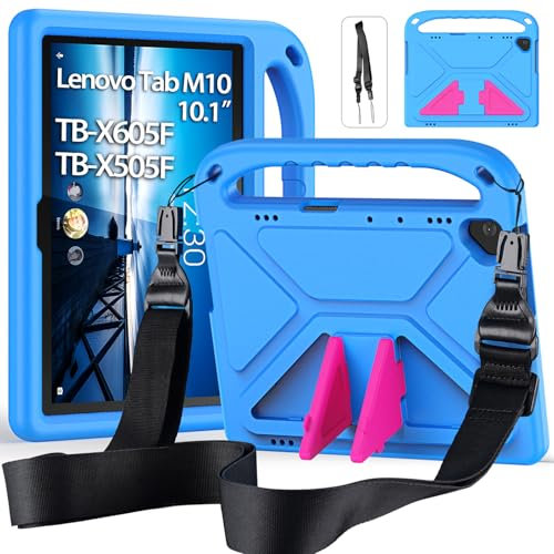 RollinCase Custodia per 2018 10,1 Pollici Lenovo Tab M10 (TB-X505F/X505L/X605F/X605L), Leggera Antiurto Cover per Bambini con Cavalletto e Spallacci, Blu