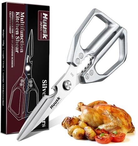 HUUSK Kitchen Scissors All Purpose - Stainless Steel Kitchen Shear, Sharp Silver Meat Scissors Dishwasher Safe, Heavy Duty Poultry Shears, Japanese Cooking Scissor for Food, Christmas Gifts for Women