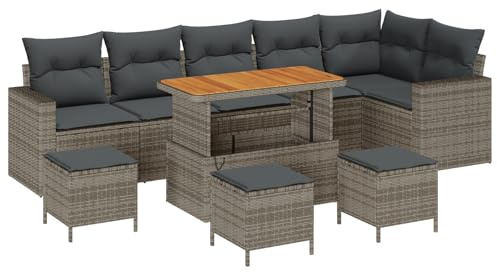 vidaXL Garten-Sofa-Set 10 pcs Grau Poly-Rattan, Garten und Terrasse, modernes Sofa Set, wetterfest, Bequeme Sitzgelegenheiten, Akazienholz, Rattan-Möbel