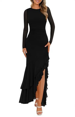 BTFBM Women's Maxi Dresses Spring 2026 Long Sleeve Ruched Bodycon Solid Ruffle Mermaid Cocktail Wedding Guest Dress(Black,Large)