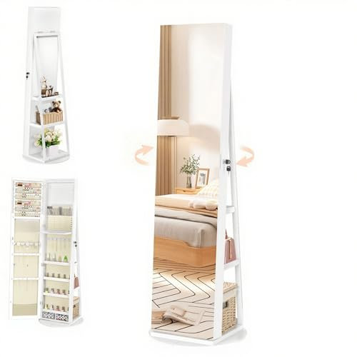 XMTECH 3-in-1 Schmuckschrank mit Ganzkörperspiegel & Innenspiegel, zur Wand- oder Türmontage, abschließbarer Spiegelschrank mit Stauraum & Veloursfutter, Schmuck Organizer Weiß