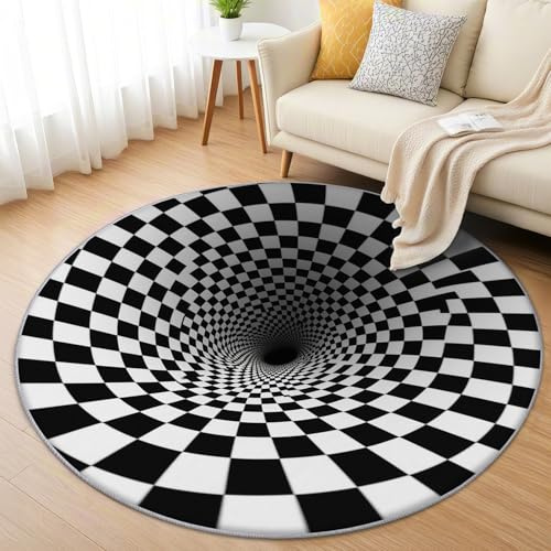 AevuCub 3D Optische Täuschung Teppich Rund 120cm Kurzflor - Waschbare Teppiche Wohnzimmer Schwarz Weiß - Runder Teppich 120 Durchmesser Kinderzimmer - Bettvorleger Schlafzimmer rutschfest Weich