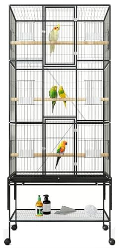 3 Etagen Vogelkäfig Groß 176 x 82 x 47 cm, Vogelvoliere mit 3 Sitzstangen, 4 Rollen, Papageienkäfig mit 6 Futtertüren, schmutzwanneneinsatz, Metall Käfig für Papageien Wellensittich Nymphensittich, Sc
