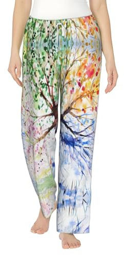 Pantalon de pyjama en flanelle pour femme – Vêtement de nuit confortable avec beau motif d'arbre quatre saisons, pantalon de détente léger et respirant, Noir , L