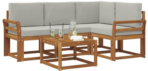 vidaXL Outdoor-Sofagarnitur mit Kissen 5 pcs Natürlich und Hellgrau, Garten-Sofa-Set, Moderne Outdoormöbel, langlebige Lounge für die Terrasse, Bequeme Sitzgruppe