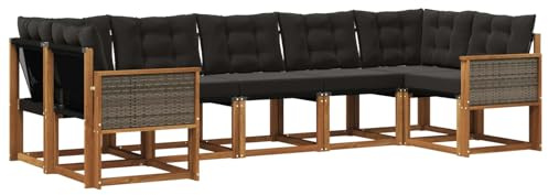 vidaXL Outdoor-Sofagarnitur mit Kissen 7 pcs Natürlich und Schwarz, Moderne Gartenlounge, robuster Sofa, eleganter Patio, stylische Möbel für gemütliches Sitzen im Freien