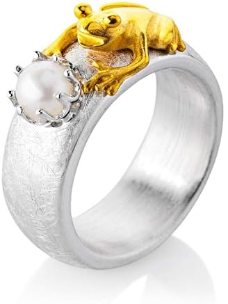 Drachenfels Froschkönig Ring I Größen 52–62 I Edler Damenring aus teilsgoldplattiertem 925 Sterling Silber I Nickelfreier Silberring mit Süßwasserperle I In Goldschmiedequalität gefertigt