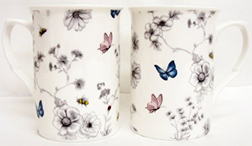 fromeuropewithlove Secret Garden Mugs Set of 2 Fine Bone China Flowers Butterflies and Bees Mugs Hand Decorated in the UK