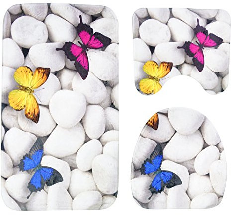 Asnlove Badematten Set 3tlg, 3er Badgarnitur Badezimmer Matte Set Dusch Bade Matte Vorleger Teppich 3D Muster für Wohnzimmer, Schlafzimmer, Schwimmbad Toilet - Schmetterlinge und Steine