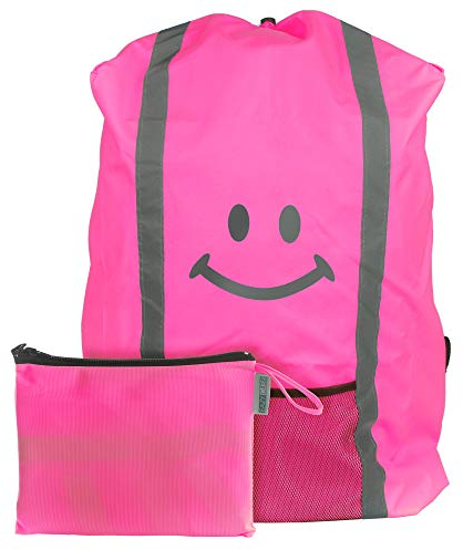 EAZY CASE Rucksack Schulranzen Regenschutz, Schutzhülle mit Reflektorstreifen, Regenüberzug, Regenschutzhülle wasserabweisend mit Reflektor und Tasche, mehr Sicherheit im Straßenverkehr, Smiley Pink