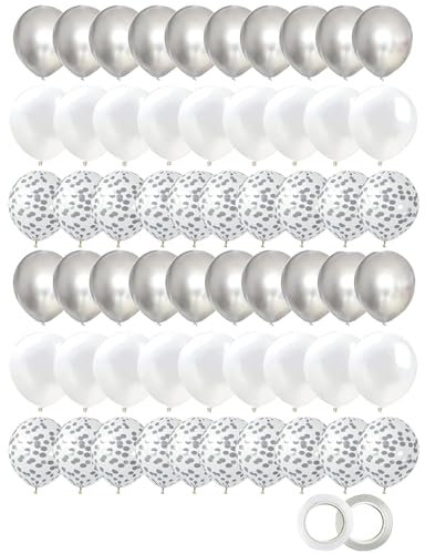 Set di 60 Palloncini Argento e Bianchi con Confetti Argenti per Compleanno, Matrimonio e Baby Shower - Decorazioni Compleanno (Argento)