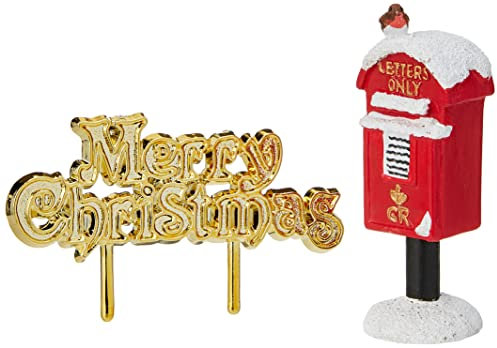 Anniversary House 2pcs Post Box Resin Cake Topper & Gold Merry Christmas Motto Luxury Boxed Cake Decorations, Xmas Cake Toppers, Yule Log Decoration, Traditional Non-Edible Decoration, BX340 UK