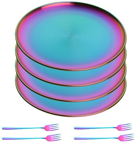 Rainbow Stainless Steel Dinner Plates Set with Fork, Set of 8, Colorful Metal Dessert Salad Plates for Eating Dinner Camping, Unbreakable and Reusable Kids Platter Indian Dishwasher Safe