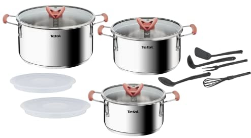Tefal Batterie de cuisine 13 pièces, Faitouts + couvercles, Ustensiles, Induction, Acier inoxydable 18/10 haute qualité, Garantie 10 ans, Empilable, Opti'Space G720SD74