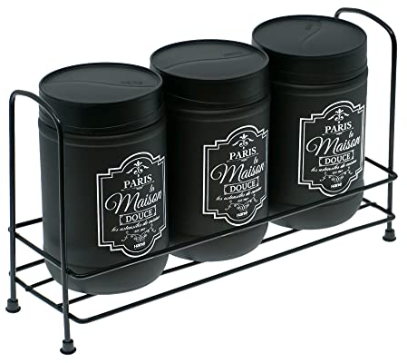 Lashuma Runde Keksdosen Glas, 3er Pack leere Gewürzgläser, Farbe: Schwarz - Schwarz, Kaffeedosen 660 ml