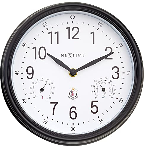 NeXtime Wall Clock (Garden/Inside) 23,5 cm-Time/Temp/Humidity-Black/White-Plastic Jasmine