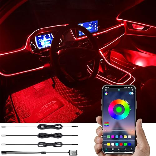 TABEN Auto Atmosphärenlicht Kit Musiksynchronisation Mehrfarbig RGB 16 Millionen Farben 4 Meter Glasfaser USB Ambientebeleuchtung Kit, Sound-Active-Funktion und drahtlose Bluetooth-App-Steuerung 12 V