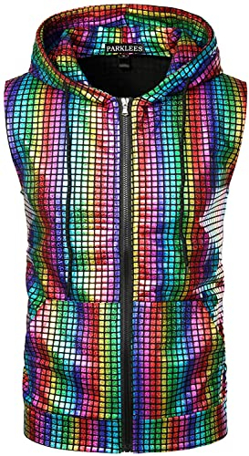 PARKLEES Herren Hipster Metallic Pailletten Reißverschluss Ärmellos Kapuzenweste T-Shirt mit Kängurutasche, Sv17, mehrfarbig, XL