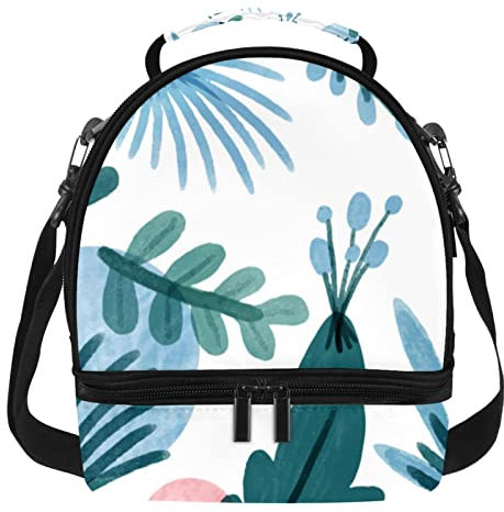 Lonchera reutilizable con aislamiento de doble cubierta, bolsa de asas con hojas y flores, paquete de comida para oficina, trabajo, escuela, picnic