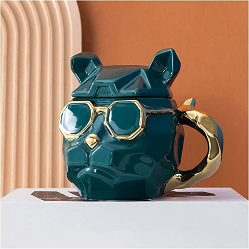 Hosoncovy 3D Cool Dog Taza de cerámica Taza de café de cerámica Taza de bebida Taza de café Taza de bebida con tapa Taza de animal 3D Taza de regalo (verde)