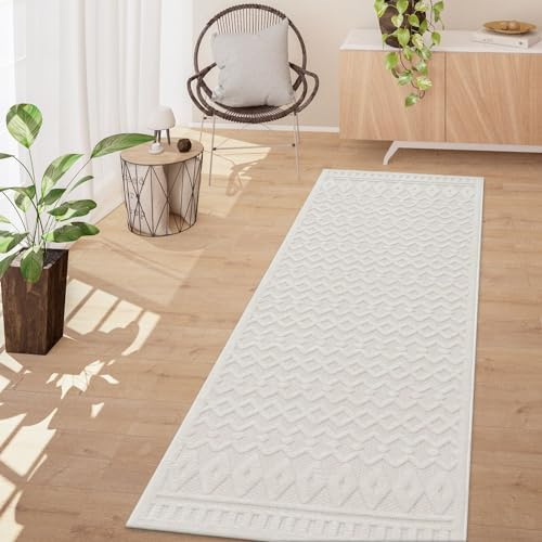 TT Home In-& Outdoor Teppich Wetterfest Balkon Küche Wohnzimmer Boho Skandi Design, Farbe:Creme 3, Größe:80x250 cm