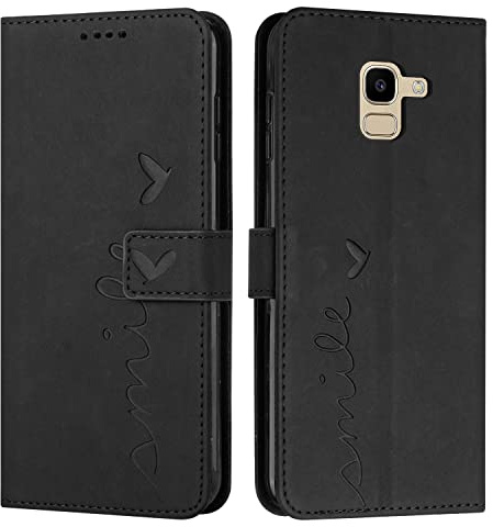 EATCYE Kompatibel mit Samsung Galaxy J6 2018 Hülle, Klapphülle Samsung Galaxy J6 2018 Premium PU Leder Brieftasche Schutzhülle [Kartenfach][Ständer], Handyhülle für Samsung Galaxy J6 2018 (#Schwarz)