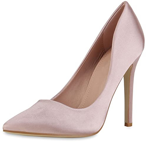 VAN HILL Damen High Heels Pumps Party Stiletto Schuhe Spitze Satin-Optik Absatzschuhe Elegante Freizeit Abendschuhe 210749 Beige 41