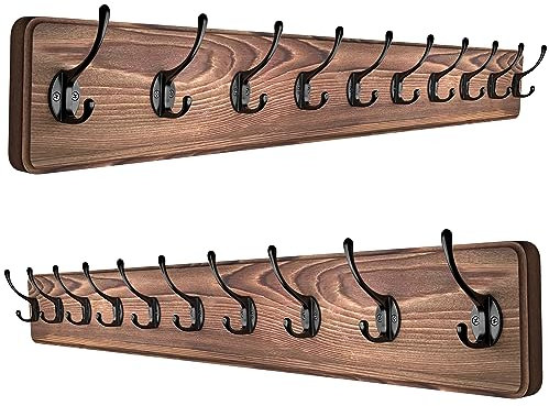 Lot de 2 porte-manteaux muraux rustiques – 98,6 cm de long avec 10 crochets – Bois de pin massif, finition vieillie – Porte-manteaux mural d'entrée pour manteaux, chapeaux, sacs, clés, vestes