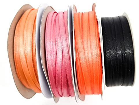CaPiSo 200m Satinband 3mm Schleifenband Geschenkband Dekoband Satin Hochzeit Weihnachten Schwarz+Apricot+Dunkles Rosa+Neon-Orange