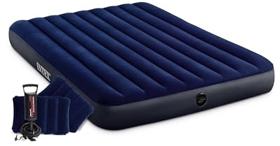 Intex 64765E Dura-Beam Standard Classic Air Mattress with Inflatable Pillows: Fiber-Tech - Queen Size - Hand Pump - 10in Bed Height - 600lb Weight Capacity