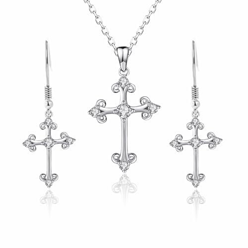 Dishowme Kristall Kreuz Halskette Ohrringe Sets 3Pcs Strass Kreuz Anhänger Halskette Christian Pray Kruzifix Schmuck für Frauen Mädchen (Silber)