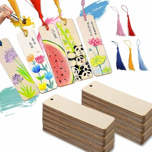 100 bunte Quasten Rechteck Lesezeichen Set, 50 Stück Holz Lesezeichen mit Löchern für DIY Handwerk Geschenke