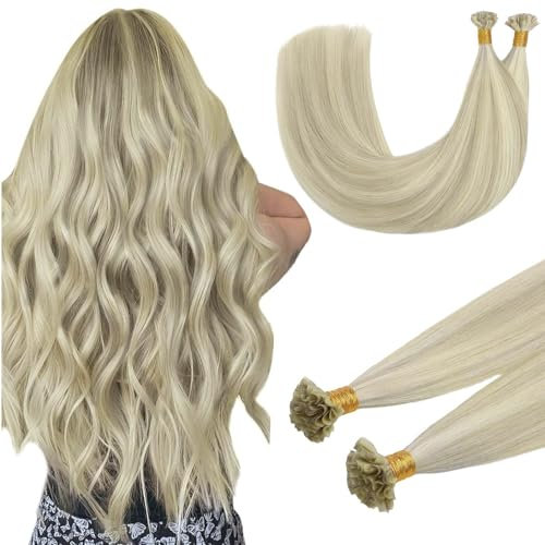 DOORES U Tip Human Hair Extensions 14 Inch 50g/50s, Ash Blonde Highlighted Platinum Blonde Short Virgin for Women