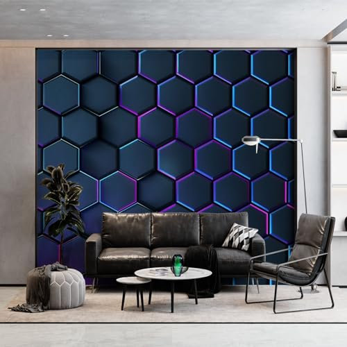 Art Fototapete Wald Sci-Fi Waben Geometrische Streifen Tapeten, Lila Blau Wandtapete Wohnzimmer Schlafzimmer, 200 x 140 cm (WxH) Wandbild Wandtattoo Poster Dekoration