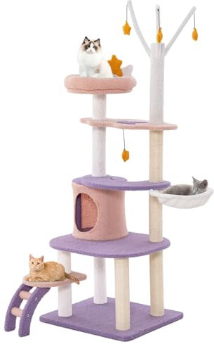 GYMAX Arbre à Chat Joli 158CM à 6 Niveaux, avec Echelle, 1 Perchoir Supérieur, 1 Condo, 1 Hamac, Griffoirs Recouverts de Sisal, Jouets Suspendus, Violet