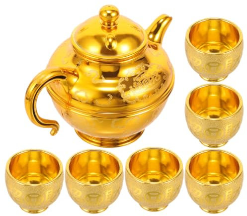 Luxshiny 7-Teiliges Goldenes Teekannen- Und Buddhistisches Wasseropferbecher-Set Buddha-Teetasse Kelchbecher Aus Kunststoff Altaropferbecher Chinesischer Weihwasserbecher Tibetische