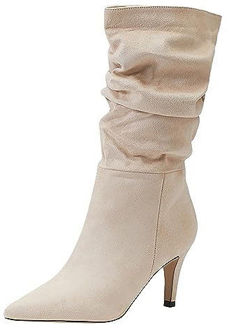2023 Autunno Tacco Alto Camoscio Mid Tacco Sexy A Punta Stivali Moda Scarpe Da Donna Stivali Da Cowboy Teal, Beige, 39 EU