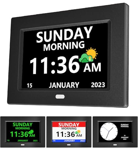 LXBYJKJ (No Power Adapter 7 Inch Digital Clock with Day and Date for Elderly Alzheimer's Clock Customizable Alarms 3 Display Modes Large Font Digital Clocks for Seniors Alarm Clocks Auto DST
