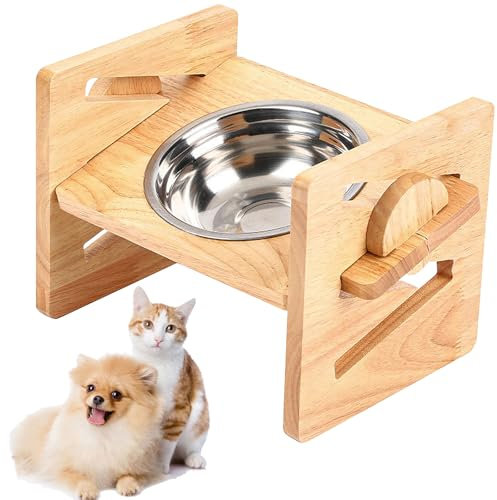 Hundenapf Erhöht, Futternapf Hund 4 Höhenverstellbar, 15° Neigung, Bambus Holz Futterstation mit 1 Edelstahlschüsseln, Fressnapf Hund Erhöhte Hundebar für Kleine Medium Hunde & Katzen