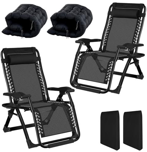 Fiutazge 2Pcs 65cm Largeur Bain de Soleil Chaise Longue Jardin Exterieur,Transat de Plage Pliable ave Rembourrage,Tête,Porte-Boisson,Dossier Réglable, Respirantes,pour Patio,Plage,Piscine-Noir